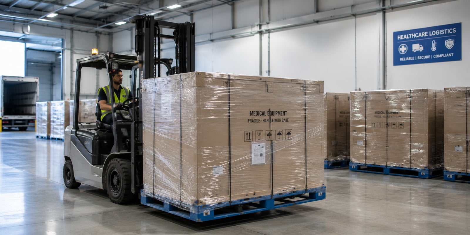 Sealed medical equipment prepared for time-critical international air freight