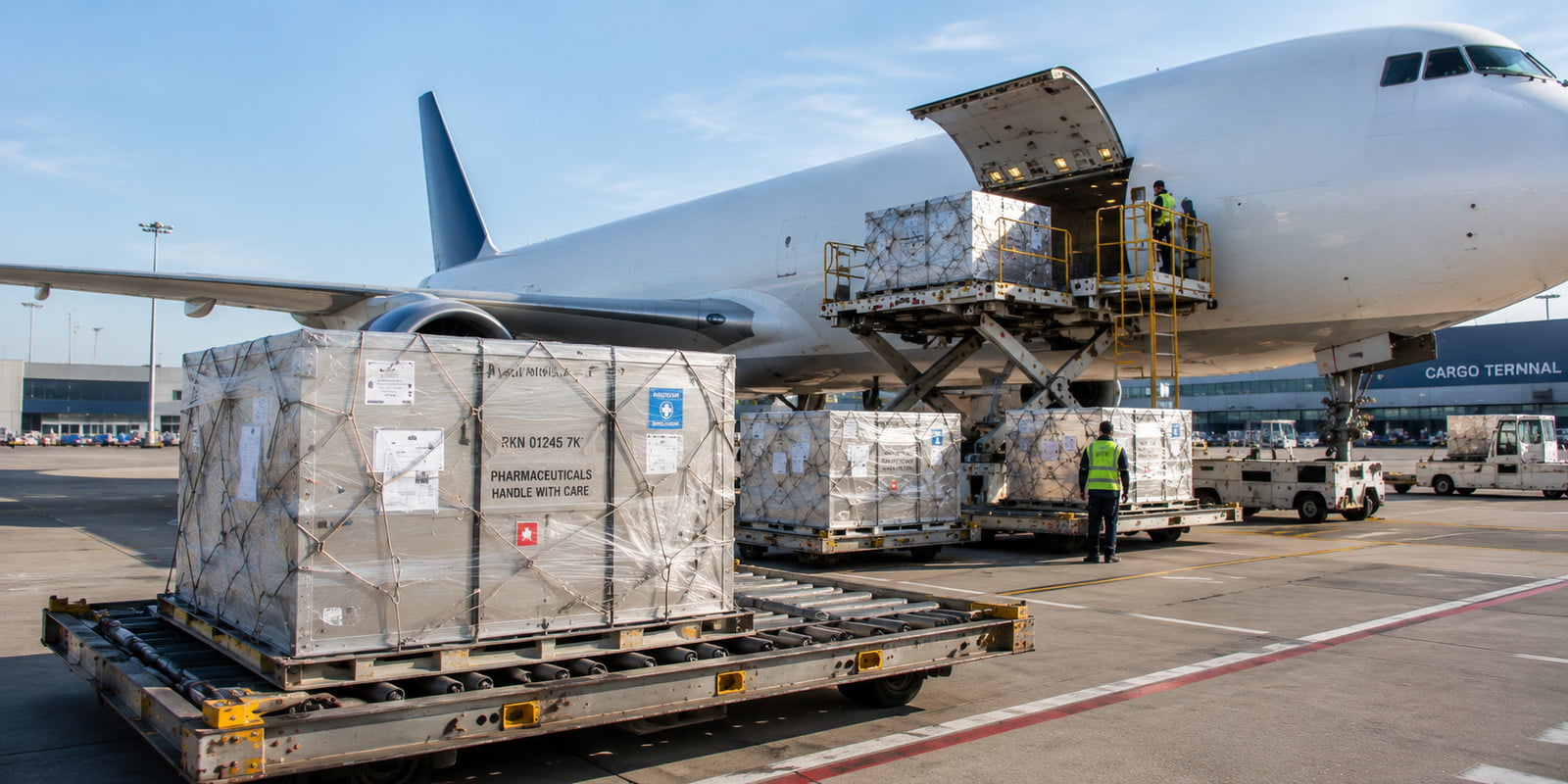 Sealed pharmaceutical cargo prepared for secure international air freight